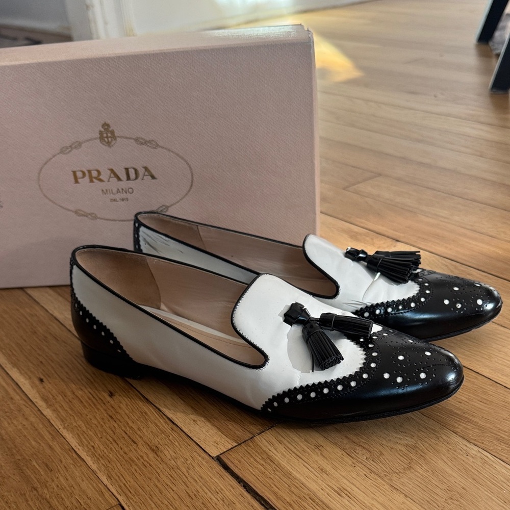 Prada Women's Black and White Tassel Loafers 38.5